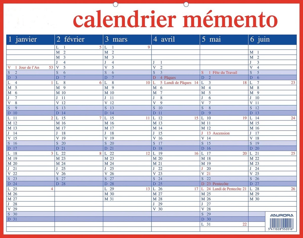 Calendrier Mémento année en cours